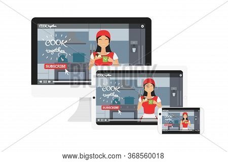 Vector Concept Of Responsive Web Design For Blog. Adaptive Video Player For Tablet, Monitor, Smartph