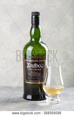 Trondheim, Norway - Mai 20 2020: Ardbeg Corryvreckan single malt scotch whisky bottle and glass