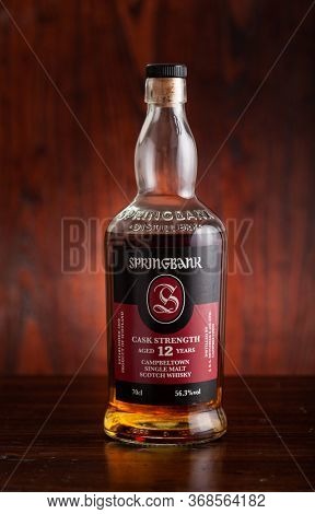 Trondheim, Norway - May 20 2020: Springbank single malt scotch whisky bottle