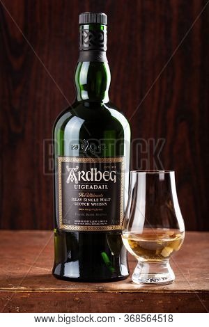 Trondheim, Norway - May 20 2020: Ardbeg Corryvreckan single malt scotch whisky bottle and glass