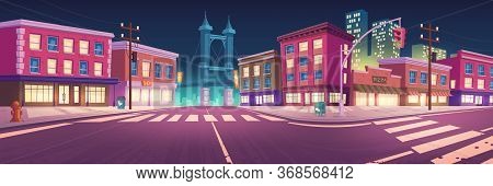 City Street With Houses, Road With Pedestrian Crosswalk And Traffic Lights At Night. Vector Cartoon 