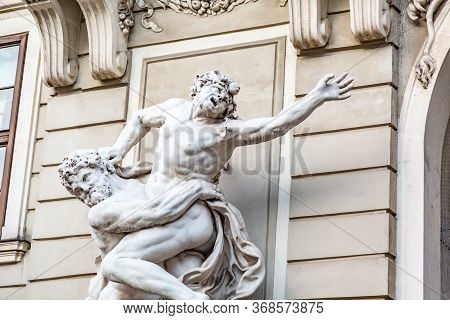 Hofburg Statue Of Hercules Fighting Antaeus In Vienna, Austria. Close-up. Horizontal Orientation.