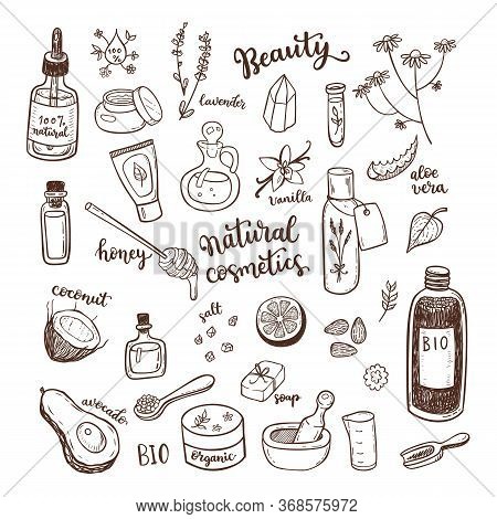 Natural Cosmetic, Spa And Self Care Doodle Design Elements Set