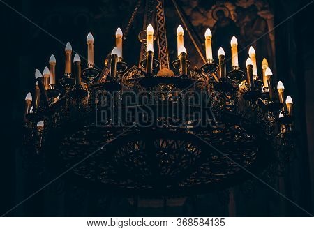 Church Ceiling Candelabrum, Candelabra With Candles, Ceiling Candelabrum Close-up