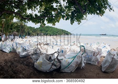 Rayong,thailand-february 8,2013 :  Large Sacks Or Plastic Bags Containing Sand That Contains Contami