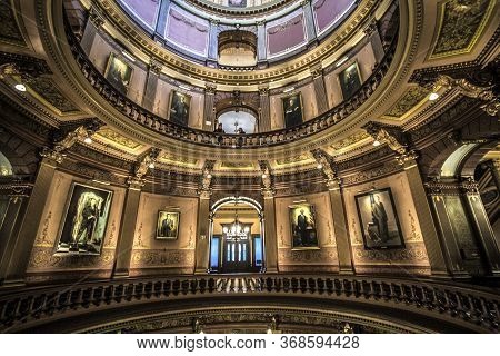 Lansing, Michigan, Usa - March 14, 2019: Interior Of The Capitol Rotunda At The State Capital Of Mic
