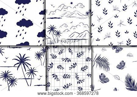 Nature Hand Drawn Collection On Monotone Blue Seamless Pattern For Decorative,fabric,textile,print O