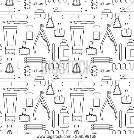 Manicure Tools And Accessories. A Set Of Elements On The Topic Of Nail Manicure. Seamless Pattern. V