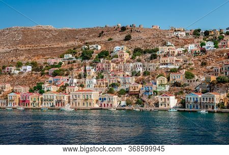 Symi / Greece - August 17 2017: View Of The Waterfront. Symi (or Simi) Is A Tiny Island Of Dodecanes