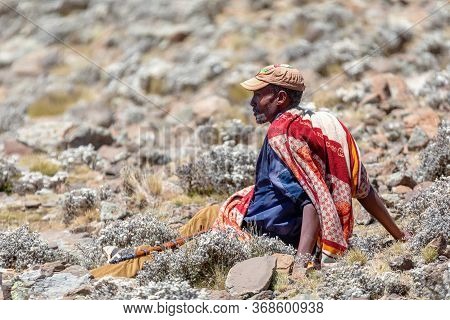 Simien Mountain, Ethiopia, April 24th 2019, Unidentified Park Scout With His Rifle In National Park 