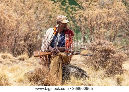 Simien Mountain, Ethiopia, April 24th 2019, Unidentified Park Scout With His Rifle In National Park 