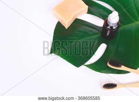 The Concept Of Zero Waste. Bamboo Toothbrush, Solid Shampoo