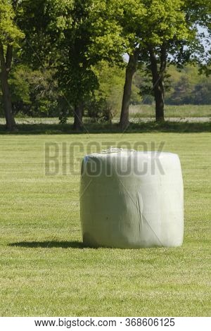 Large Green Field With One Green Roll Of Ensilage Or Bale Of Hay, Wrapped In Green Plastic. In Sprin