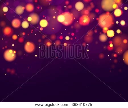 Festive Purple And Golden Luminous Background With Colorful Lights Bokeh. Christmas Concept Xmas Gre