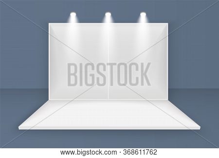 White Exhibition Stand, 3d Blank Booth Template With Lighting, With Spotlights Front View Presentati