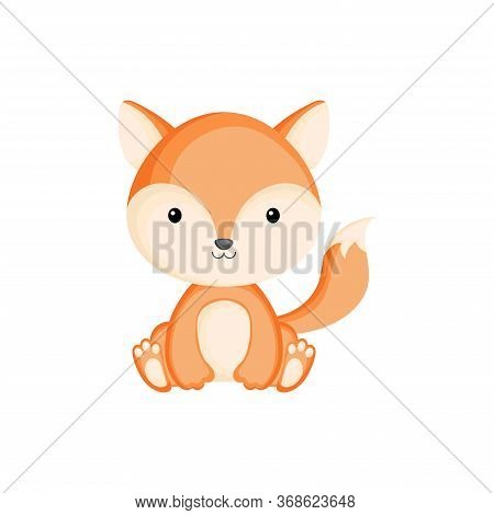 Cute Little Fox Sitting. Adorable Cartoon Animal Character For Decoration And Design Of Album, Scrap