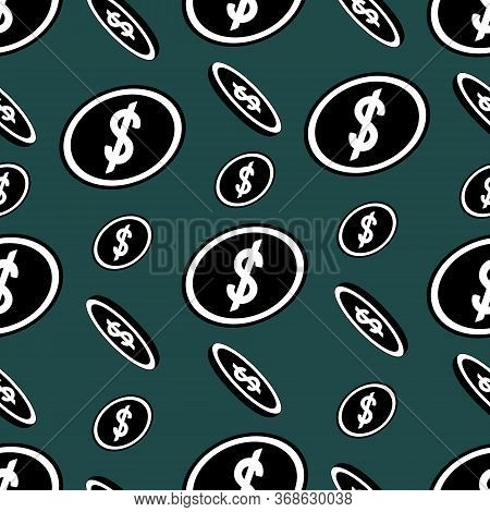 Us Dollar Symbol. Falling Coins. Endless Vector Pattern. Ornament On An Isolated Green Background. F