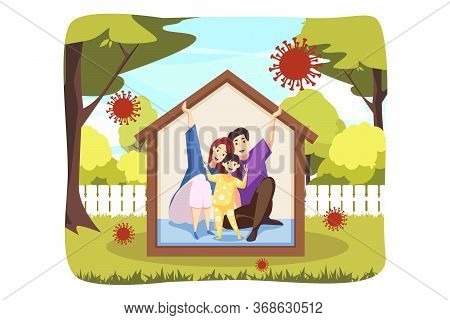 Protection, Quarantine, Healthcare, Danger, Coronavirus Concept. Stay Home Illustration. Family Fath