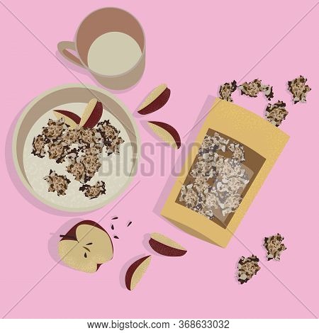Useful Breakfast Concept. View From Above. Porridge With Apples And Granola. Craft Bag With Granola,
