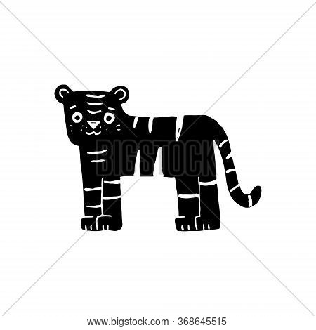 Black Doodle Tiger In Birthday Cap. Cartoon Kids Characters In Triangular Shape