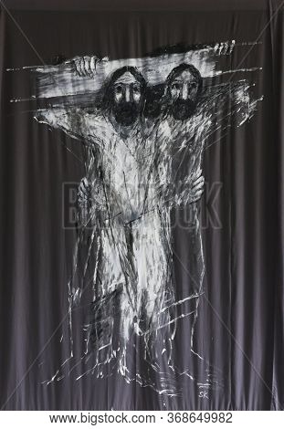 BAD URACH, GERMANY - OCTOBER 21, 2014: Lenten cloth by Sieger Koder in St. Joseph's Church in Bad Urach, Germany