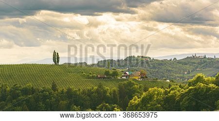 Gamlitz Town In Austria Vineyards In Sulztal Area South Styria, Famous Wine Country. Wine Road Touri