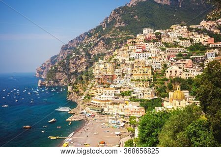 Picturescue Positano Town On Amalfi Coast In Italy, Dome Of Church On The Foreground