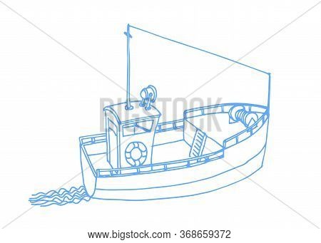 Sea Longboat For Fishing And Travel With Wake Of Waves, Color Vector Illustration With Blue Contour 