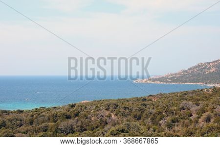 Panoramic View With Blue Water Of The Gulf And The Hill