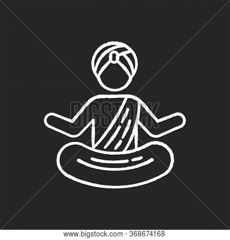 Yogi In Turban Chalk White Icon On Black Background. Practitioner Of Yoga. Physical And Mental Pract