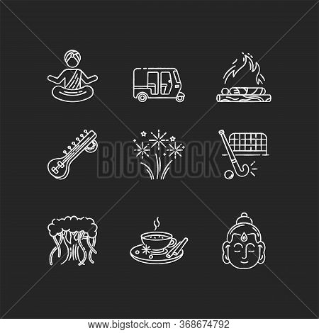 Indian Customs Chalk White Icons Set On Black Background. Religious Symbols And Ceremonies. Buddha. 