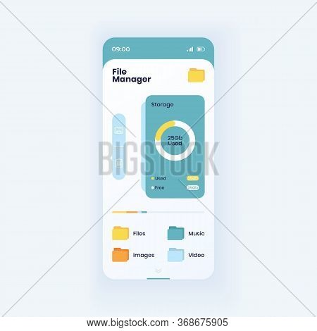 Memory Storage Info Smartphone Interface Vector Template. File Manager App Page Light Design Layout.