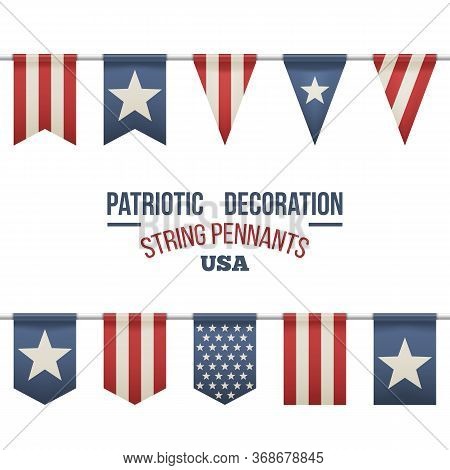 Set Of Patriotic Bunting Flags. U.s. Flag Garland. Design Elements For 4th Of July, Memorial Day, Pr