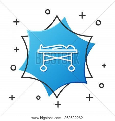 White Line Dead Body In The Morgue Icon Isolated On White Background. Blue Hexagon Button. Vector.