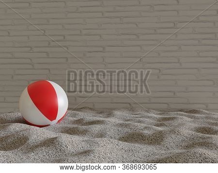 Beachball With Red And White Colors Over The Sand With A White Birck Wall In The Background With Cop