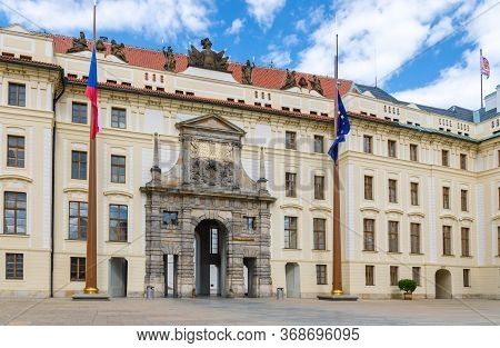 Matthias Gate Of New Royal Palace Novy Kralovsky Palac And Eu And Czech Flags At Flagpole In Prague 