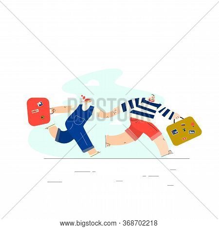 Men And Woman Running Toghether This Suitcases. Hurring Couple. Vector Illustration , Isolated On Wh