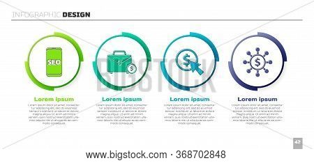 Set Mobile Phone Seo Optimization, Briefcase And Money, Cursor And Coin And Dollar, Share, Network. 