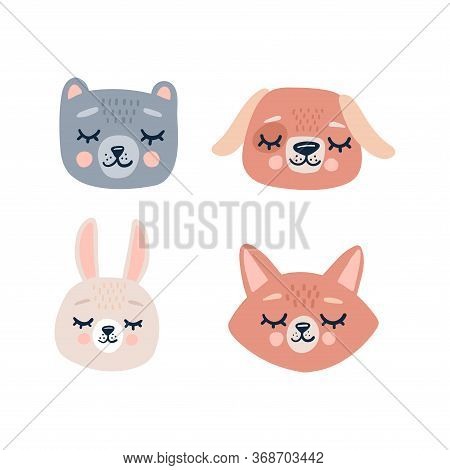 Cute Animals Heads With Closed Eyes. Cute Cartoon Funny Character. Pet Baby Print Collection. Scandi