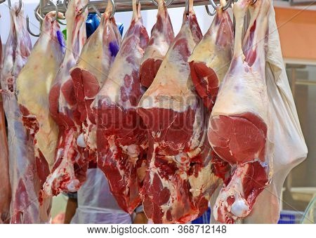 Slaughter House With Hanged Animal Meats For Sell