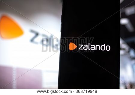 Zalando Shop Logo On The Smartphone Screen. Copy Space.
