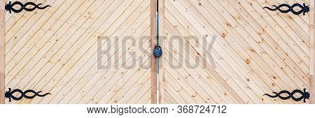 Banner, Wooden Gate With An Old Castle And Hinges. Eco Concept