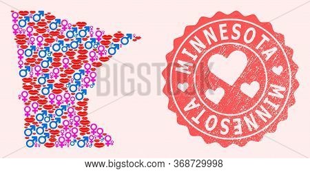 Vector Collage Of Sexy Smile Map Of Minnesota State And Red Grunge Stamp With Heart. Map Of Minnesot