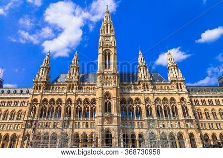 Vienna capital, impressive gothic architecture of City hall. Symbol of Vienna. Travel and landmarks of Austria