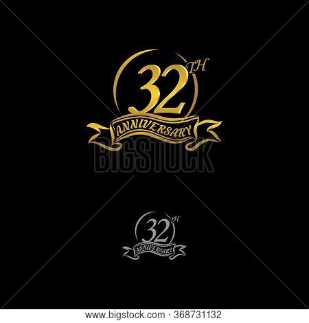 Celebrating The 32th Anniversary Logo, With Gold Rings And Gradation Ribbons Isolated On A Black Bac