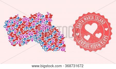 Vector Combination Of Love Smile Map Of Santa Maria Island And Red Grunge Seal Stamp With Heart. Map