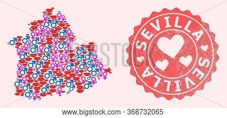 Vector Collage Of Love Smile Map Of Sevilla Province And Red Grunge Seal Stamp With Heart. Map Of Se