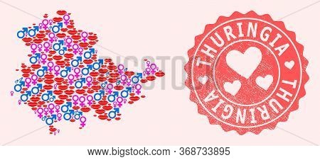 Vector Collage Of Sexy Smile Map Of Thuringia State And Red Grunge Seal With Heart. Map Of Thuringia