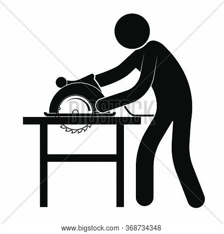Stick Figure, Man Works In A Carpentry Workshop With A Circular Saw. Manufacture Of Wood Products. I
