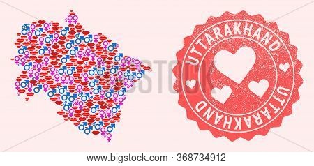 Vector Composition Of Sexy Smile Map Of Uttarakhand State And Red Grunge Seal With Heart. Map Of Utt